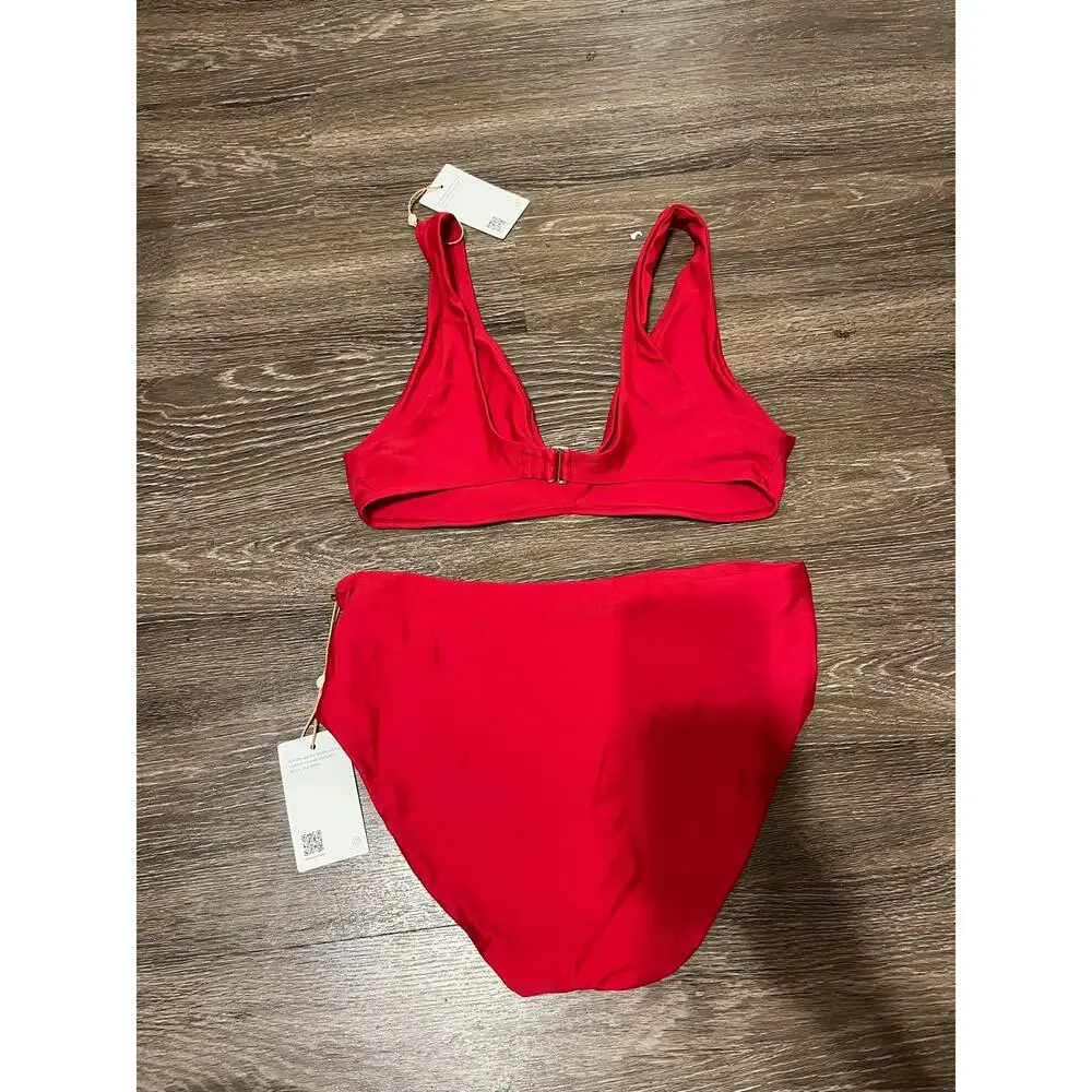 Quince Italian High Rise Bikini Bottom and Plunge Bikini Top Cherry Red Size L